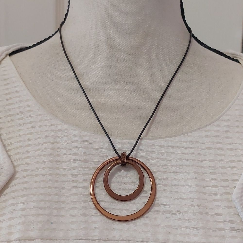 Signed R Copper Tone Hoops Pendant on Black Cord Necklace